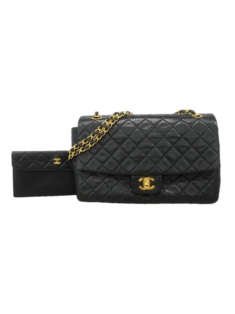 Chanel Shoulder Bag Quilted Lambskin Black Gold